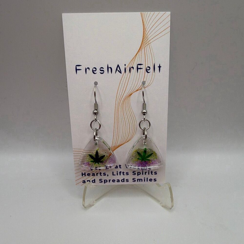 Stoner, grass sparkle Unique hand crafted Resin Stainless drop steel earrings